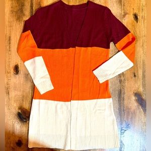 Sweater Duster Cardigan- Block colors- Burgundy Orange Cream. Small size.